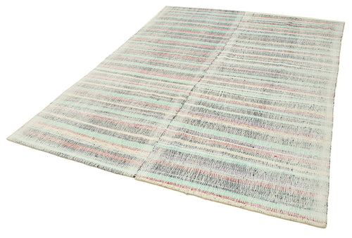Chaput Kilim Turquoise Striped Cotton Wool Handmade Area Rug 6'5'' x 9'0''