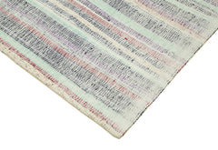 Chaput Kilim Turquoise Striped Cotton Wool Handmade Area Rug 6'5'' x 9'0''