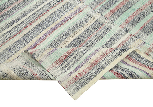 Chaput Kilim Turquoise Striped Cotton Wool Handmade Area Rug 6'5'' x 9'0''