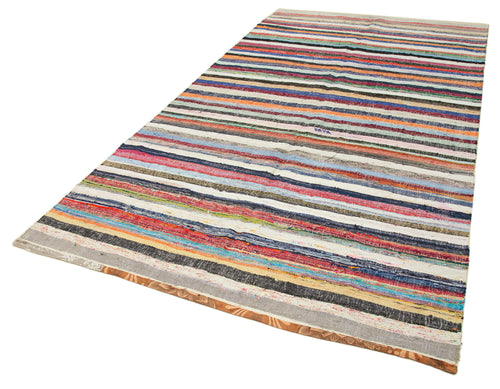 Chaput Kilim White Striped Cotton Wool Handmade Area Rug 5'9'' x 11'1''