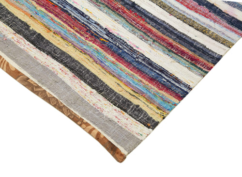 Chaput Kilim White Striped Cotton Wool Handmade Area Rug 5'9'' x 11'1''