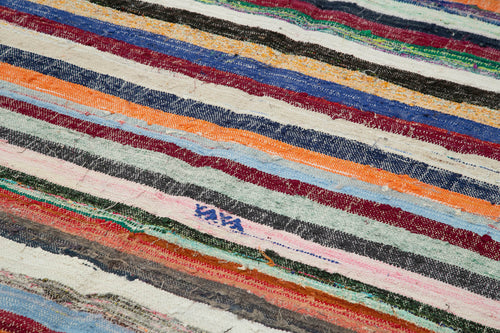 Chaput Kilim White Striped Cotton Wool Handmade Area Rug 5'9'' x 11'1''