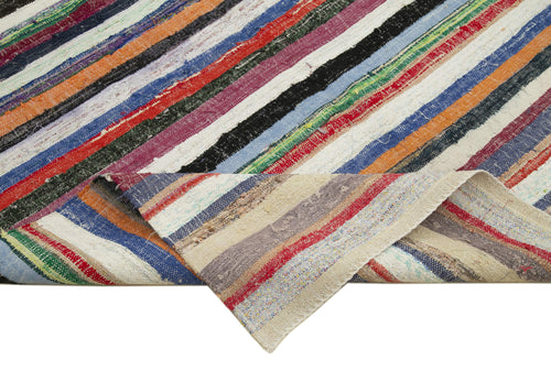 Chaput Kilim White Striped Cotton Wool Handmade Area Rug 5'9'' x 11'1''