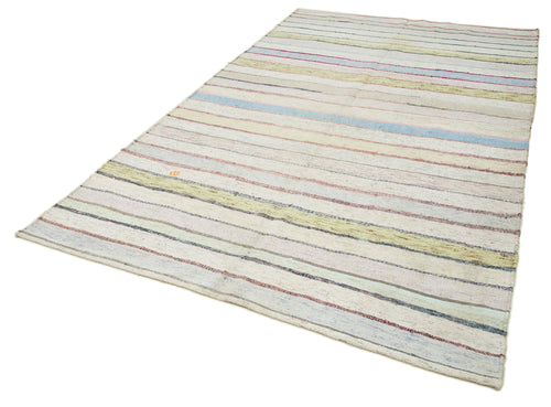 Chaput Kilim White Striped Cotton Wool Handmade Area Rug 6'1'' x 10'2''