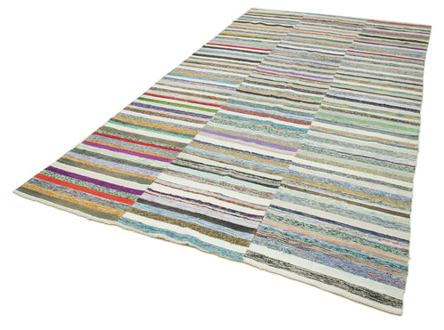 Chaput Kilim White Striped Cotton Wool Handmade Area Rug 6'2'' x 11'9''