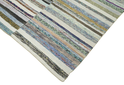 Chaput Kilim White Striped Cotton Wool Handmade Area Rug 6'2'' x 11'9''