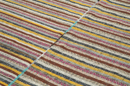 Chaput Kilim Brown Striped Cotton Wool Handmade Area Rug 6'4'' x 10'0''