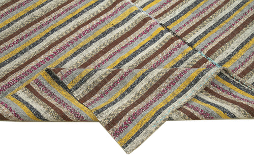 Chaput Kilim Brown Striped Cotton Wool Handmade Area Rug 6'4'' x 10'0''