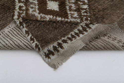Handmade Area Rug - Brown Geometric Cotton Wool Vintage Turkish Carpet 3'5''x5'5''