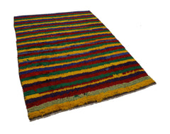 Handmade Area Rug - Yellow Striped Cotton Wool Rug | Vintage Turkish Carpet 5'x6'9"