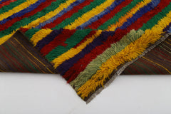 Handmade Area Rug - Yellow Striped Cotton Wool Rug | Vintage Turkish Carpet 5'x6'9"
