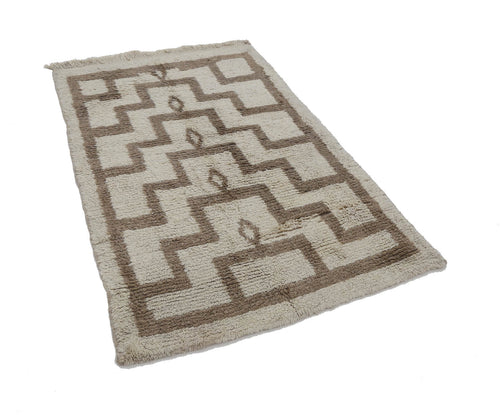 Handmade Area Rug - Beige Geometric Cotton Wool Turkish Wool Carpet 3'11" x 6'1"