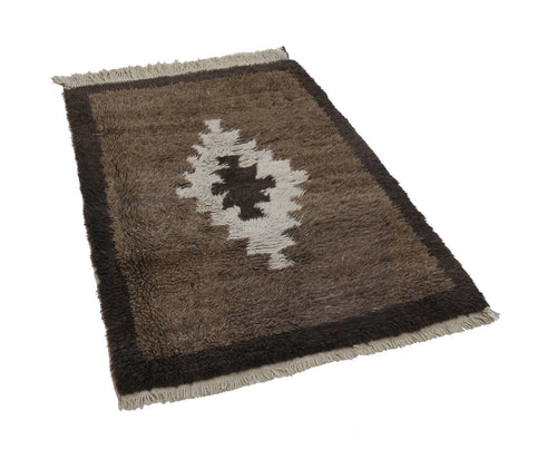 Handmade Area Rug – Brown Geometric Cotton Wool Vintage Turkish Carpet 4'4''x6'5''