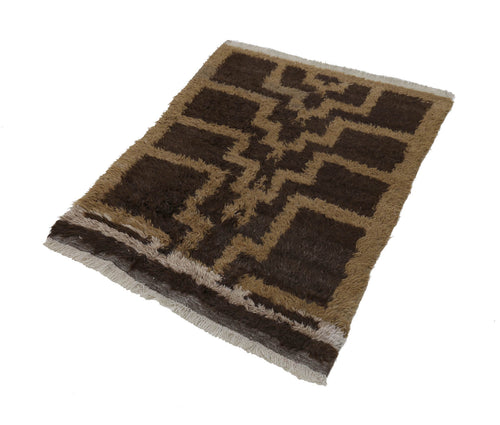 Handmade Area Rug - Brown Geometric Cotton Wool Vintage Hand Woven Carpet 3'5''x4'9''