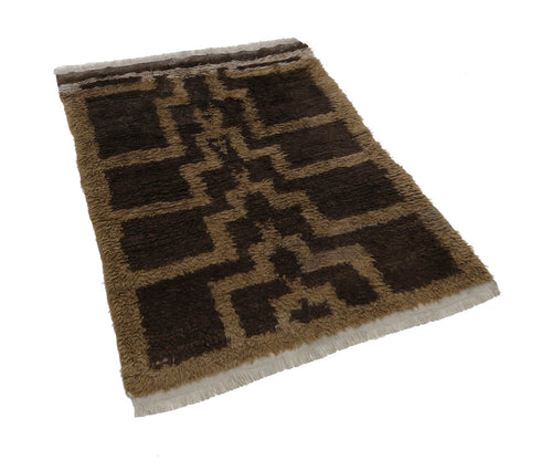 Handmade Area Rug - Brown Geometric Cotton Wool Vintage Hand Woven Carpet 3'5''x4'9''