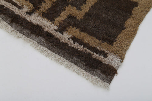 Handmade Area Rug - Brown Geometric Cotton Wool Vintage Hand Woven Carpet 3'5''x4'9''