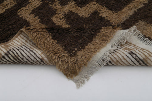 Handmade Area Rug - Brown Geometric Cotton Wool Vintage Hand Woven Carpet 3'5''x4'9''