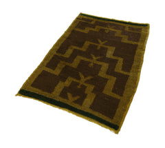 Handmade Area Rug – Brown Geometric Cotton Wool Vintage Handwoven Carpet 3'2''x4'10''