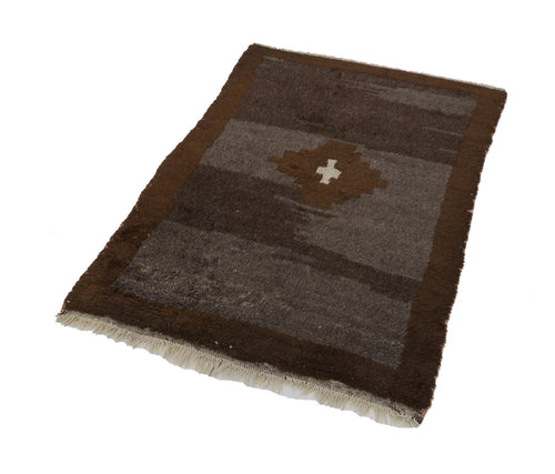 Handmade Area Rug – Brown Geometric Cotton Wool Turkish Vintage Carpet 3'6''x5'1''