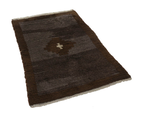 Handmade Area Rug – Brown Geometric Cotton Wool Turkish Vintage Carpet 3'6''x5'1''