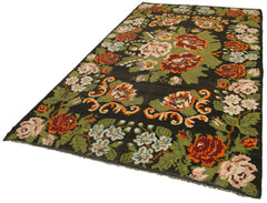 Moldovian Floral Black Floral Cotton Wool Goat Hair Handmade Rug 5'11'' x 10'11''