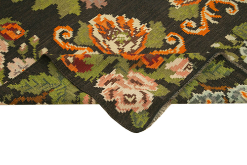 Moldovian Floral Black Floral Cotton Wool Goat Hair Handmade Rug 5'11'' x 10'11''