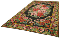 Moldovian Floral Black Floral Cotton Goat Hair Wool Handmade Area Rug 7'2'' x 12'8''