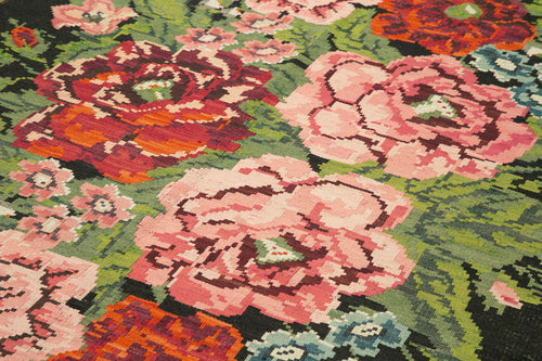 Moldovian Floral Black Floral Cotton Goat Hair Wool Handmade Area Rug 7'2'' x 12'8''