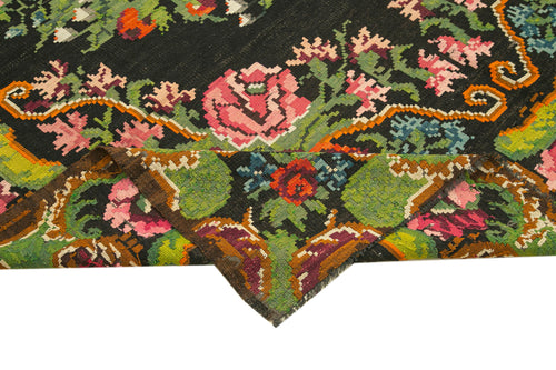 Moldovian Floral Black Floral Cotton Goat Hair Wool Handmade Area Rug 7'2'' x 12'8''