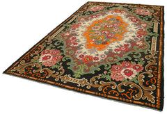 Moldovian Floral Black Floral Cotton Wool Goat Hair Handmade Rug 6'11'' x 10'6''