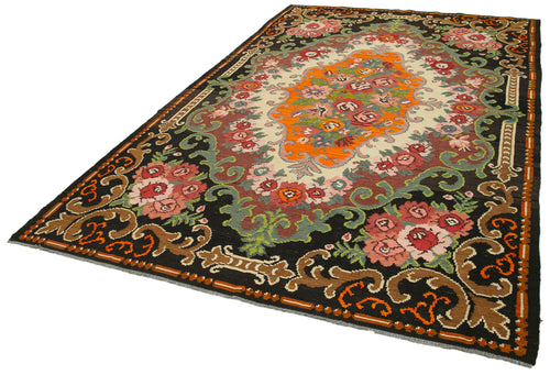 Moldovian Floral Black Floral Cotton Wool Goat Hair Handmade Rug 6'11'' x 10'6''