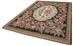 Moldovian Floral Black Floral Cotton Wool Goat Hair Handmade Rug 7'8'' x 10'10''