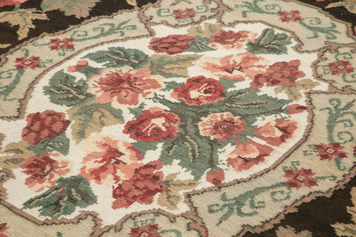 Moldovian Floral Black Floral Cotton Wool Goat Hair Handmade Rug 7'8'' x 10'10''