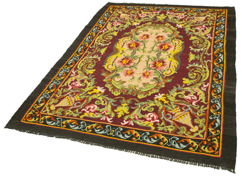 Moldovian Floral Brown Floral Cotton Wool Goat Hair Handmade Rug 5'1'' x 7'1''
