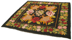 Moldovian Floral Black Floral Cotton Wool Goat Hair Handmade Rug 6'1'' x 6'5''
