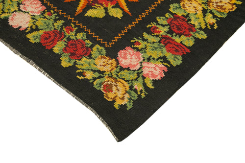 Moldovian Floral Black Floral Cotton Wool Goat Hair Handmade Rug 6'1'' x 6'5''