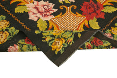 Moldovian Floral Black Floral Cotton Wool Goat Hair Handmade Rug 6'1'' x 6'5''