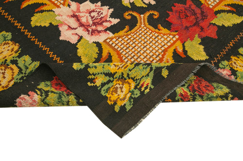 Moldovian Floral Black Floral Cotton Wool Goat Hair Handmade Rug 6'1'' x 6'5''