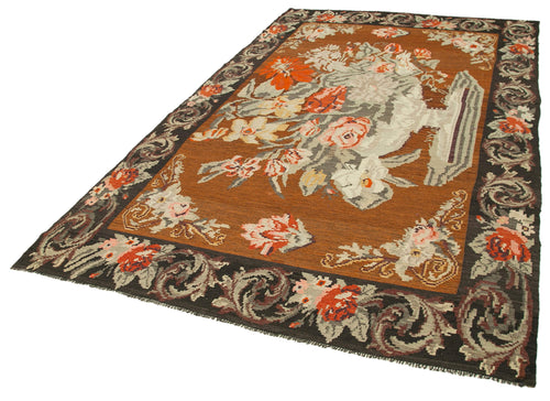 Moldovian Floral Black Floral Cotton Wool Goat Hair Handmade Rug 6'0'' x 10'3''