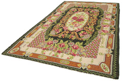 Moldovian Floral Black Floral Cotton Wool Goat Hair Handmade Rug 7'0'' x 11'8''