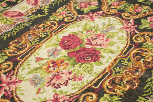 Moldovian Floral Black Floral Cotton Wool Goat Hair Handmade Rug 7'0'' x 11'8''