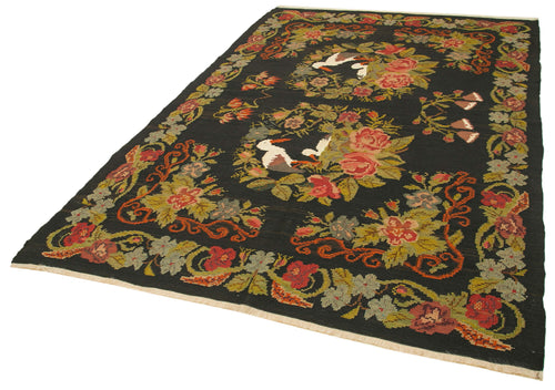 Moldovian Floral Black Floral Cotton Wool Goat Hair Handmade Rug 6'4'' x 9'7''