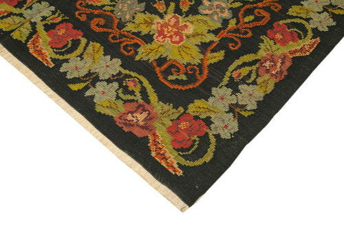 Moldovian Floral Black Floral Cotton Wool Goat Hair Handmade Rug 6'4'' x 9'7''