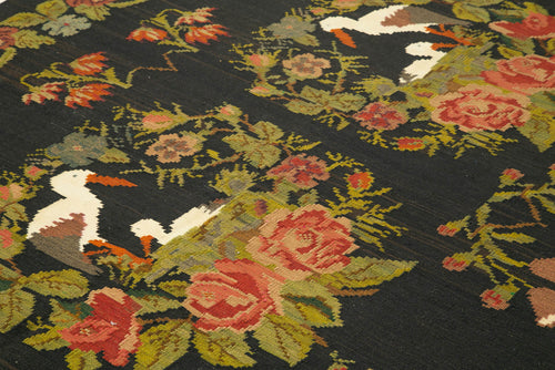 Moldovian Floral Black Floral Cotton Wool Goat Hair Handmade Rug 6'4'' x 9'7''