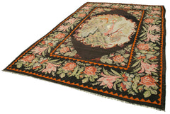 Moldovian Floral Black Floral Cotton Wool Goat Hair Handmade Rug 7'1'' x 11'1''