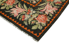 Moldovian Floral Black Floral Cotton Wool Goat Hair Handmade Rug 7'1'' x 11'1''