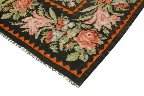 Moldovian Floral Black Floral Cotton Wool Goat Hair Handmade Rug 7'1'' x 11'1''