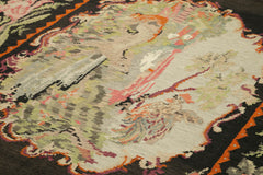 Moldovian Floral Black Floral Cotton Wool Goat Hair Handmade Rug 7'1'' x 11'1''