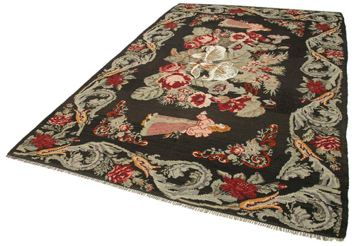 Moldovian Floral Black Floral Cotton Wool Goat Hair Handmade Rug 6'4'' x 9'7''