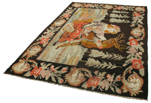 Moldovian Floral Black Floral Cotton Wool Goat Hair Handmade Rug 5'8'' x 8'5''